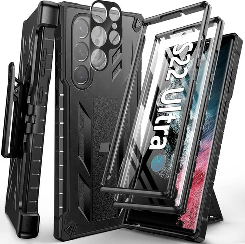 FNTCASE for Samsung Galaxy S22 Ultra, Built-in Screen Protector & Kickstand, Rugged Heavy Duty Shockproof Cover (Black)