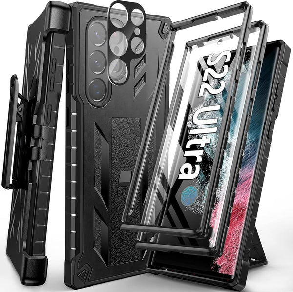 FNTCASE for Samsung Galaxy S22 Ultra, Built-in Screen Protector & Kickstand, Rugged Heavy Duty Shockproof Cover (Black)