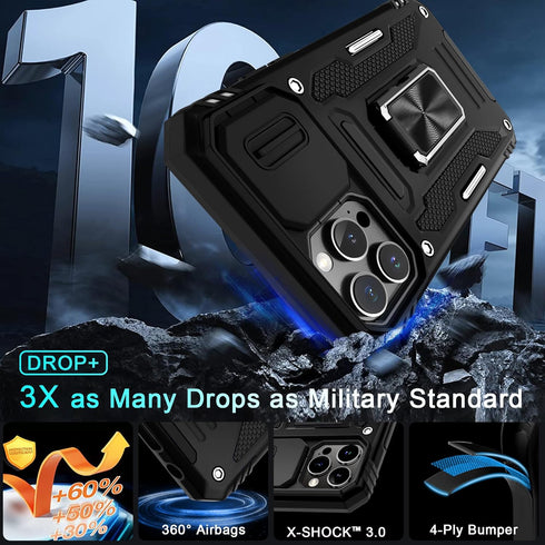DEERLAMN iPhone 12 Pro Max Case, 6.7" Military Grade Shockproof, Slide Camera Cover, Screen Protector, Kickstand - Black