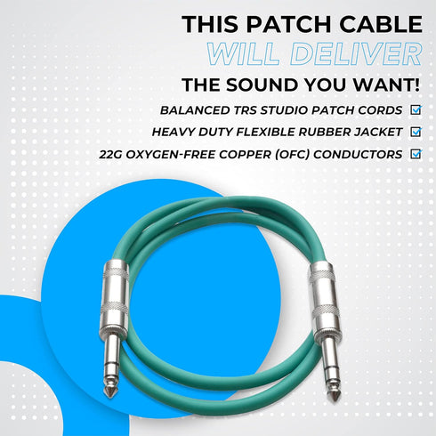 Seismic Audio Speakers ¼” to ¼” TRS Patch Cables, 6 Foot, Pack of 6, Multi Color