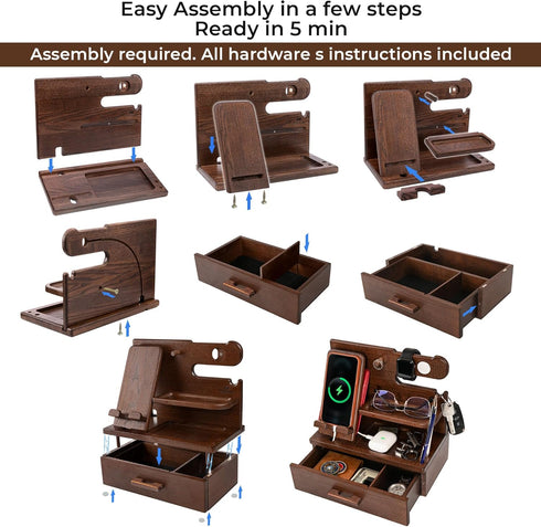 TESLYAR Wood Phone Docking Station with Drawer, Desk Accessories & Workspace Organizer for Nightstand (Brown)