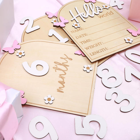 Board,3D Pink Butterfly Hello World Newborns Welcome Wooden Monthly Milestone Cards,Pink Butterfly Newborn Birth