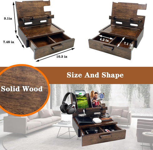 Gifts for Men Women Nightstand Organizer, Wood Phone Docking Station for Birthday, Mother's Day, Christmas, Walnut
