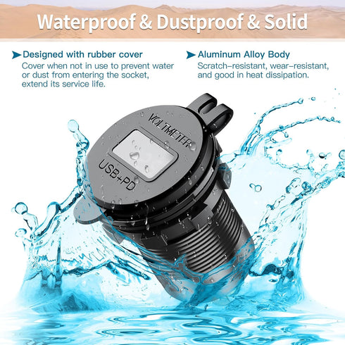 12V USB Outlet 78W, 3 Port USB C Fast Charger with Switch & Voltmeter, Waterproof Car Charger Socket for Marine RV Truck