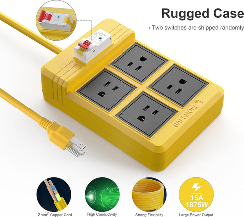 GFCI Power Strips with 3M Heavy Duty Extension Cord, 4 Gang Sockets, 15A Fused, 30mA RCBO