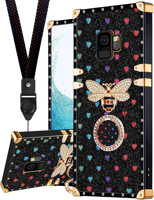 Loheckle Samsung Galaxy S9 Case for Women, Designer Square Case with Ring Stand Holder and Lanyard, Stylish Bees Luxury