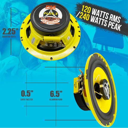 Pyle Car Two Way Speaker System - Pro 6.5 Inch 240 Watt 4 Ohm Mid Tweeter-Audio Sound Speakers for Car Stereo, Yellow
