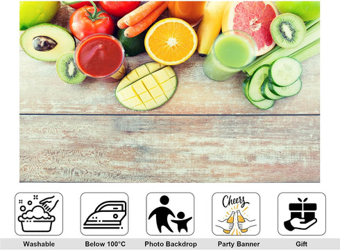 KeyWork 10x8ft Fresh Fruit Smoothie Backdrop Colorful Produce Wooden Table Photography Background for Healthy Themed