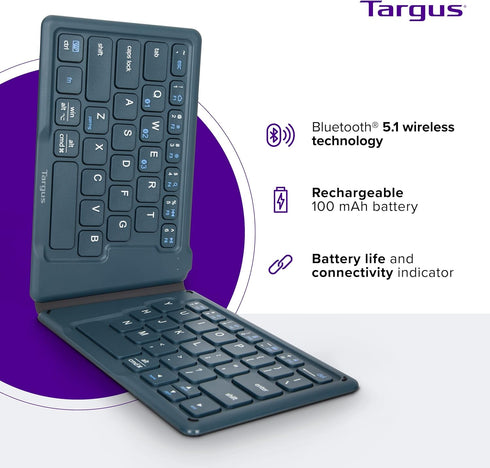 Targus Ergonomic Foldable Bluetooth Keyboard, Split Travel Wireless Keyboard, Rechargeable for Android, iPhone,