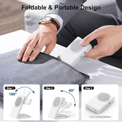 Wireless Charging Station with 20W USB C Adapter, 3 in 1 Magnetic Foldable Travel Charger Stand for iPhone 12 13 14 15
