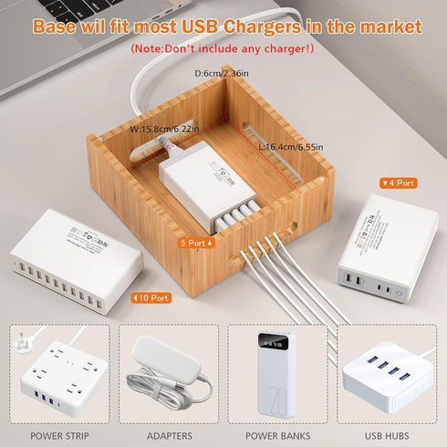 Pezin & Hulin Bamboo Charging Station Organizer for Multiple Devices, Desktop Docking Station with 5 Cables, NO Charger