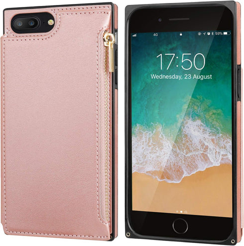 Bocasal Wallet Case for iPhone 7 Plus/8 Plus, 5.5 Inch, Rose Gold, 3 Card Slots, Cash Holder, Zipper Design, Magnetic