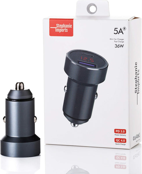 36W Mini Fast Car Charger Adapter Dual USB Type C PD 3.0 + USB A QC4.0 with LED Voltmeter
