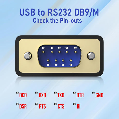 USB-C to RS232 DB9 Serial Cable Male Converter Adapter with FTDI Chipset for Windows and Mac