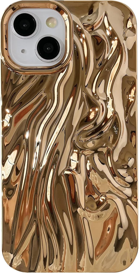 Caseative iPhone 13 Case - Pleated Water Ripple Chrome Plating, Electroplated Wave Pattern, Soft, Gold.