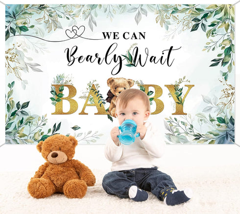 Tegeme Bear Baby Shower Backdrop, We Can Bearly Wait Watercolor Green Leaves Banner for Photography