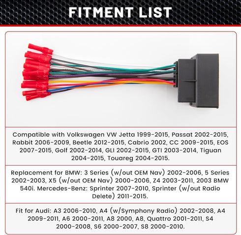 RED WOLF Car Stereo Wiring Harness Compatible with Volkswagen 2004-2015, BMW 3/5, Audi 2002-2010 Aftermarket Install Power/Speaker CD Player Connector w/Wire Connector Butt by RED WOLF