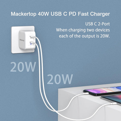40W Dual-Port USB C Charger - Charge Two Devices Simultaneously, 20W Per Port, Compact and Safe - Compatible with iPhone 14/13/12, iPad, Samsung Galaxy, Google Pixel, AirPods Pro, and More