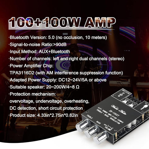ZK-1002T Bluetooth Amplifier Board, 2.0 Channel Class-D Amplifier with Treble and Bass Control, 100W+100W Power Output