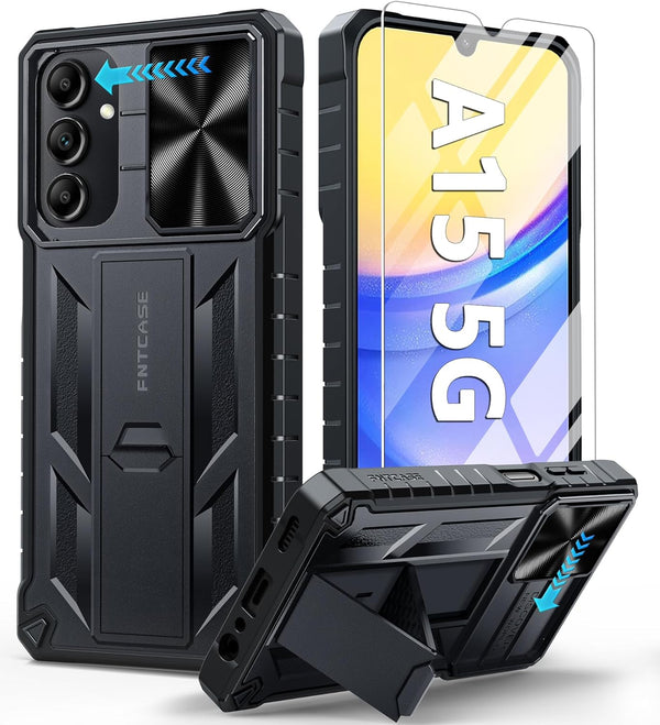 FNTCASE Samsung Galaxy A15-5G Case: Rugged Military Grade Shockproof Drop Protection Mobile Cover with Kickstand (Black)