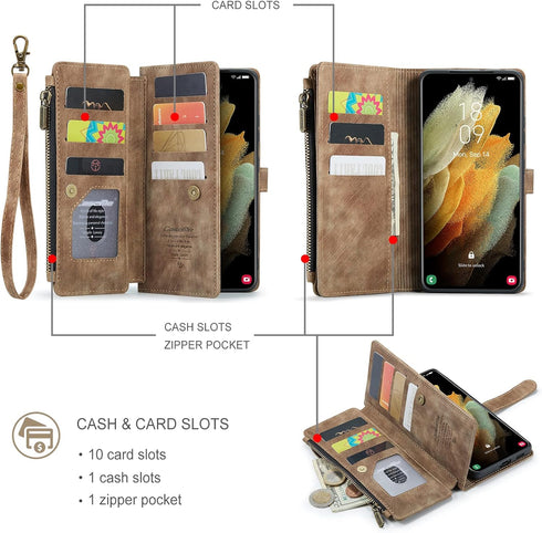 UEEBAI Wallet Case for Samsung Galaxy S21 Ultra 5G, Handmade PU Leather with Card Slots, Vintage Brown