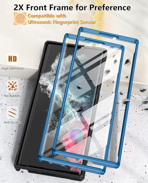 FNTCASE Samsung Galaxy S22 Ultra Case: Blue, Built-in Screen Protector, Kickstand, Belt-Clip Holster, Rugged Heavy Duty
