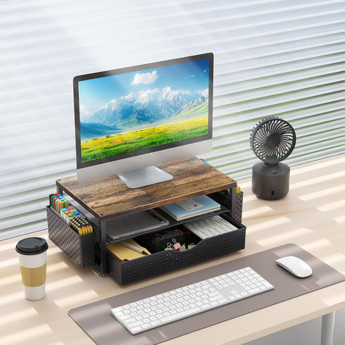 2-Tier gianotter Wood Monitor Stand Riser, Office Desk Shelf Organizer, Desk Organizer with Drawer and Pen Holder