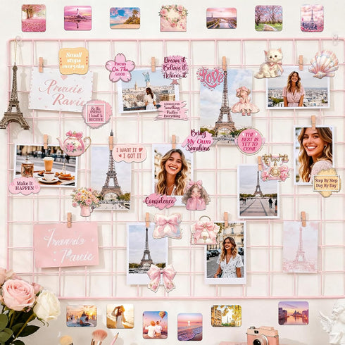 50 Pink Vision Board Stickers - Pcs Cute Aesthetic Travel Planner Scrapbooking Supplies Kit for Adults Women