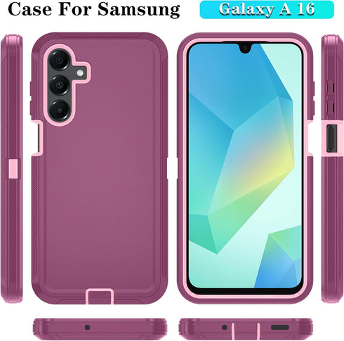 Qinmay A16 5G 3-Layer A16,WineRedPink Phone Case for Samsung Galaxy Case with HD Screen Protector, Heavy Duty