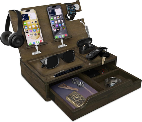 Nightstand Organizer - Bedside Holder for 2 Cellphones or 1 Tablet, Smart Watches, Headphones, Ideal Gifts for Men