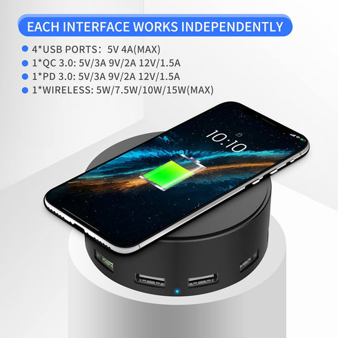 75W 6-Port USB Charger Desktop Charging Station with Wireless Charger, Quick Charge 3.0, Multi USB Hub for Smartphone,