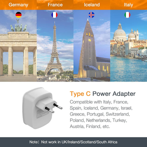 European Travel Plug Adapter, TESSAN International Power Plug with 2 USB Ports, Type C Outlet Adaptor Charger for US to Most of Europe EU Iceland Spain Italy France Germany