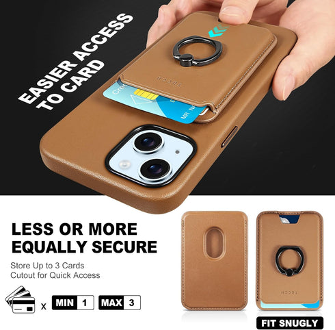 TUCCH Case for iPhone 15, Removable Card Wallet, RFID Blocking, Magnetic Wireless Charging, Brown, Compatible with