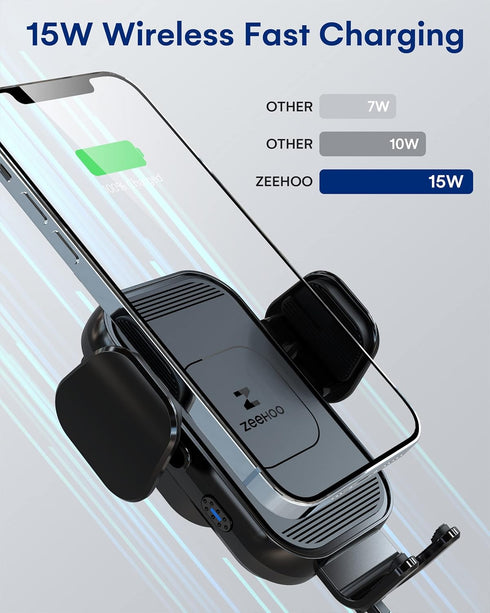 ZeeHoo Wireless Car Charger, 15W Fast Charging Auto Clamping Phone Mount for iPhone 15/14/13/12/11 Pro Max Xs, Etc.