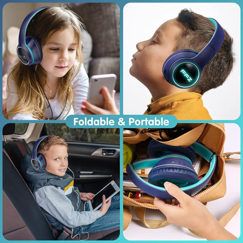 FFZ Kids Bluetooth Headphones, Wireless Headphones for Kids, Built-in Microphone, Colorful LED Lights, Foldable