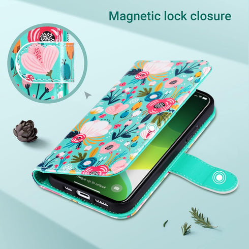 ULAK Compatible with iPhone 12/12 Pro Wallet Case, RFID Blocking PU Leather with Card Holder, Kickstand, Mint Flower