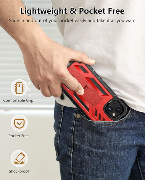 Protective Case for iPhone 13/14, Heavy Duty Military Grade Cover with Built-in Kickstand, Shock Proof Red