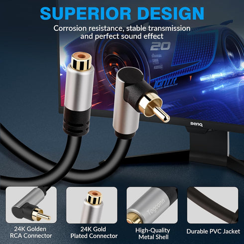 RCA Audio Extension Cable (2 Pack), 90 Degree RCA Male to Female Lead Cable, Digital Coaxial Audio Cable for Home Theater, HDTV, DVD, Amplifiers, Subwoofer, Speaker (9 Inch/23CM)