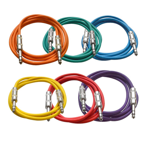 Seismic Audio Speakers ¼” to ¼” TRS Patch Cables, 6 Foot, Pack of 6, Multi Color
