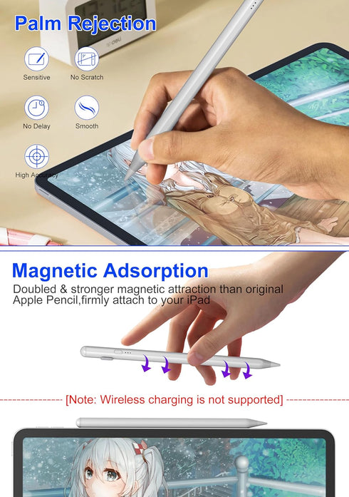Stylus Pen for iPad, Fast Charge Pencil with Palm Rejection, Tilt Sensitive for iPad Pro 12.9"/11", iPad 6-10, Air 3-5,