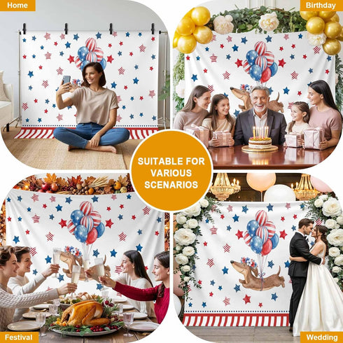 Generic 10 8 Independence Day Photo Backdrop for Photoshoot, x FT Flag Day Sausage Dog Blue Red Star Balloon Photo