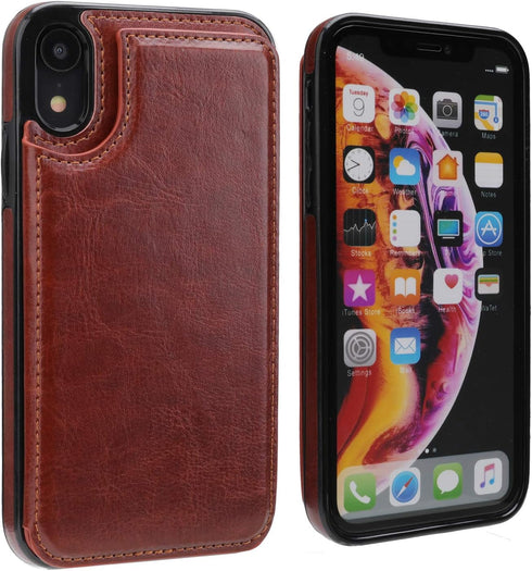 iPhone XR Wallet Case with Card Holder, Premium PU Leather Kickstand, Double Magnetic Clasp, Shockproof Cover (Brown)