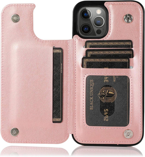Asuwish Case for iPhone 15 Pro 6.1 inch, with Tempered Glass Screen Protector, Card Holder Wallet Cover, Rose Gold