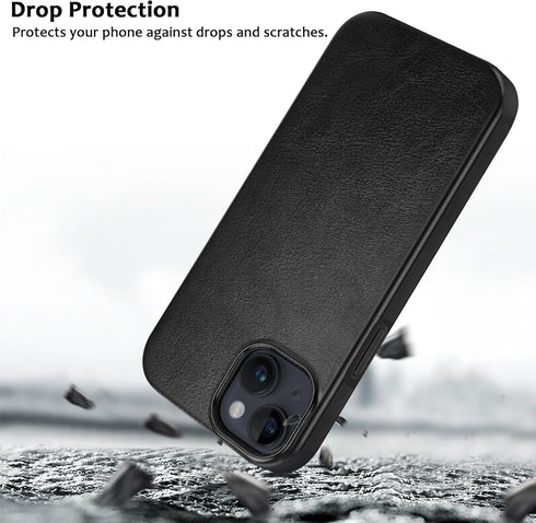 Premium Leather Magnetic Case for iPhone 14 Plus - Shockproof TPU Hybrid, Compatible with MagSafe (Black)