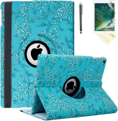 Case for iPad Air 1st Generation Models A1474 A1475 A1476, 360 Rotating Stand, Blue Embossed Flowers
