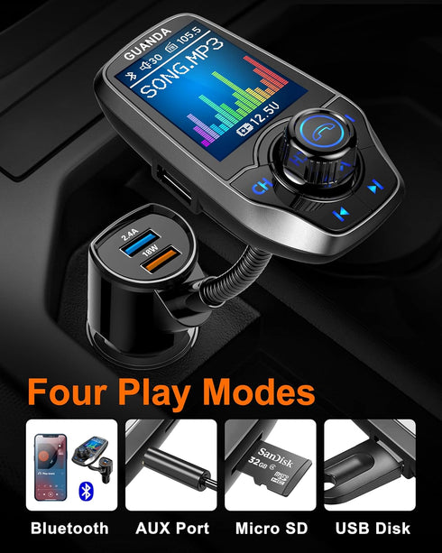 Upgraded Bluetooth FM Transmitter for Car, Wireless Radio Adapter Kit with 1.8" Color Display, Fast Charging