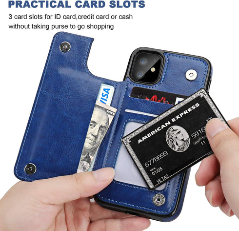 OT ONETOP Wallet Case for iPhone 11 with Card Holder, PU Leather Kickstand, Double Magnetic Clasp, Shockproof (Blue)