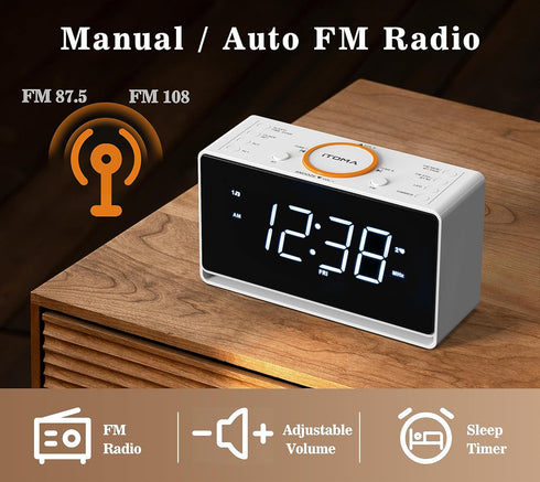 iTOMA Alarm Clock Radio with 1.4" White LED Display, Bluetooth, FM Radio, Dual Alarm, Sleep Timer, Snooze, Auto &