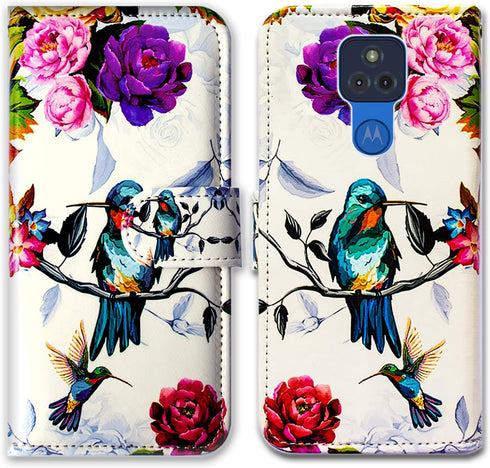 Case for Moto G Play 2021, Hummingbird in Flowers Leather Flip Phone Case Wallet Cover with Card Slot