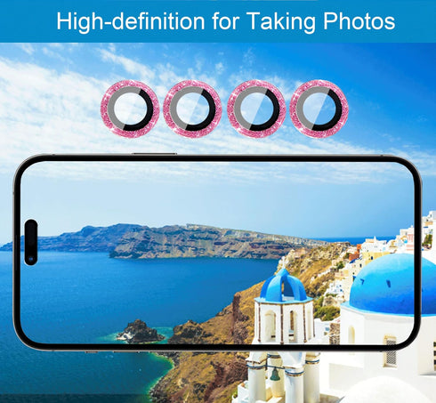 iPhone 14 Pro & Pro Max Camera Lens Protector - 3+1 Glitter Bling, Tempered Glass, Metal Ring, Case Friendly (Pink)